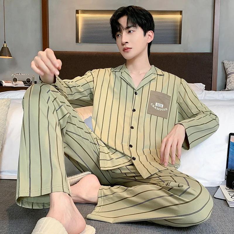 Autumn Cardigan Man Pajamas Cotton Fashion Sleepwear for Men Leisure Casual Nightwear Pijamas Set pyjama homme Dropship