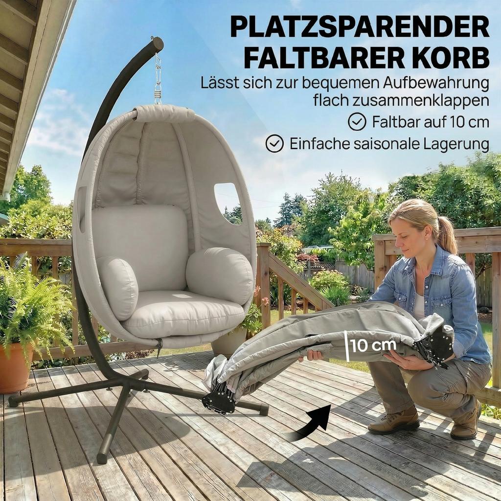 Hanging Chair with Frame, Foldable Hanging Basket with Thick Seat Cushions Adjustable Height Safety Belt Up To 120 Kg