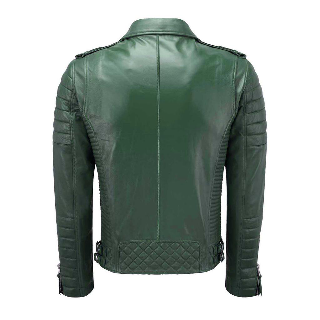 SKINOUTFIT Men's Motorcycle Leather Jacket Genuine Green Lambskin Café Racer Biker Outerwear
