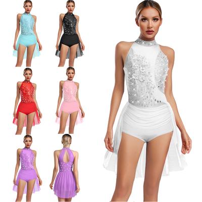 Women Sleeveless Dance Bodysuit Glittery Rhinestone Applique Design Back Hollow Out Irregular Skirted Leotard