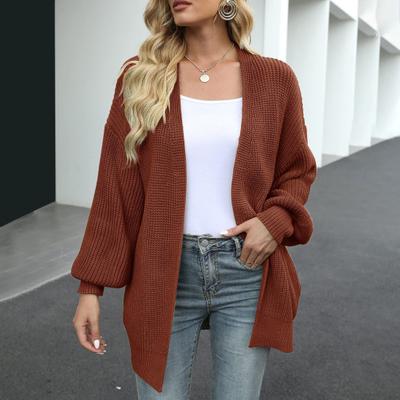 Cardigan da Donna in Maglia Manica Lunga a Lanterna Davanti Aperto Lunghezza Media Cappotto Maglione Tinta Unita Vestibilità Ampia Maglieria Capispalla