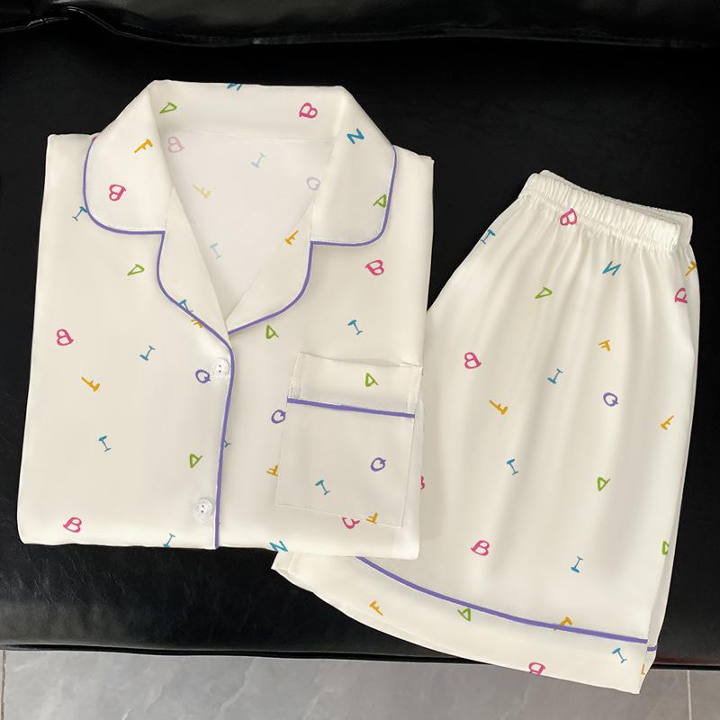Simple Ice Silk Pajamas Women'S Summer Dopamine Letter Short-Sleeved Suit Lazy Style Loungewear