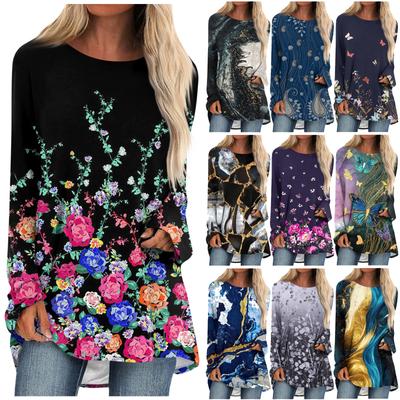 Women's Fashion Casual Round Neck Long Sleeve Mid Length Floral Print Top