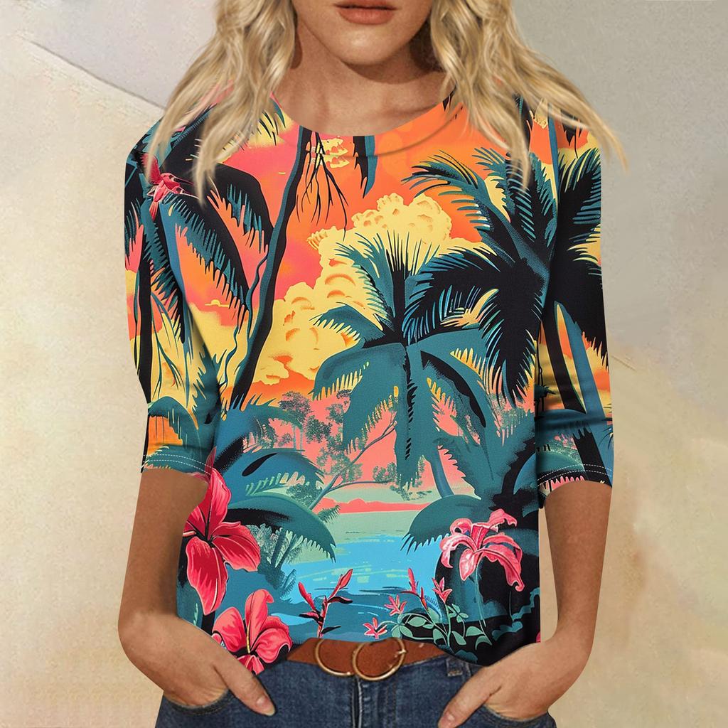 Módní vintage top s 3/4 rukávem pro ženy, dámská ležérní halenka s tříčtvrtečním rukávem a kulatým výstřihem s potiskem