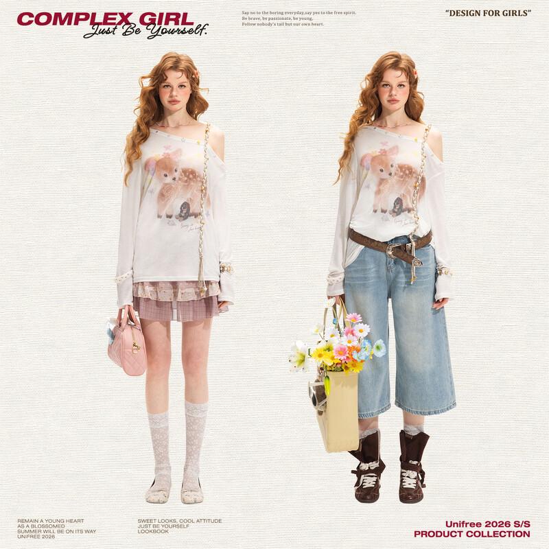 UNIFREE Sweet Deer Print Off-Shoulder T-Shirt