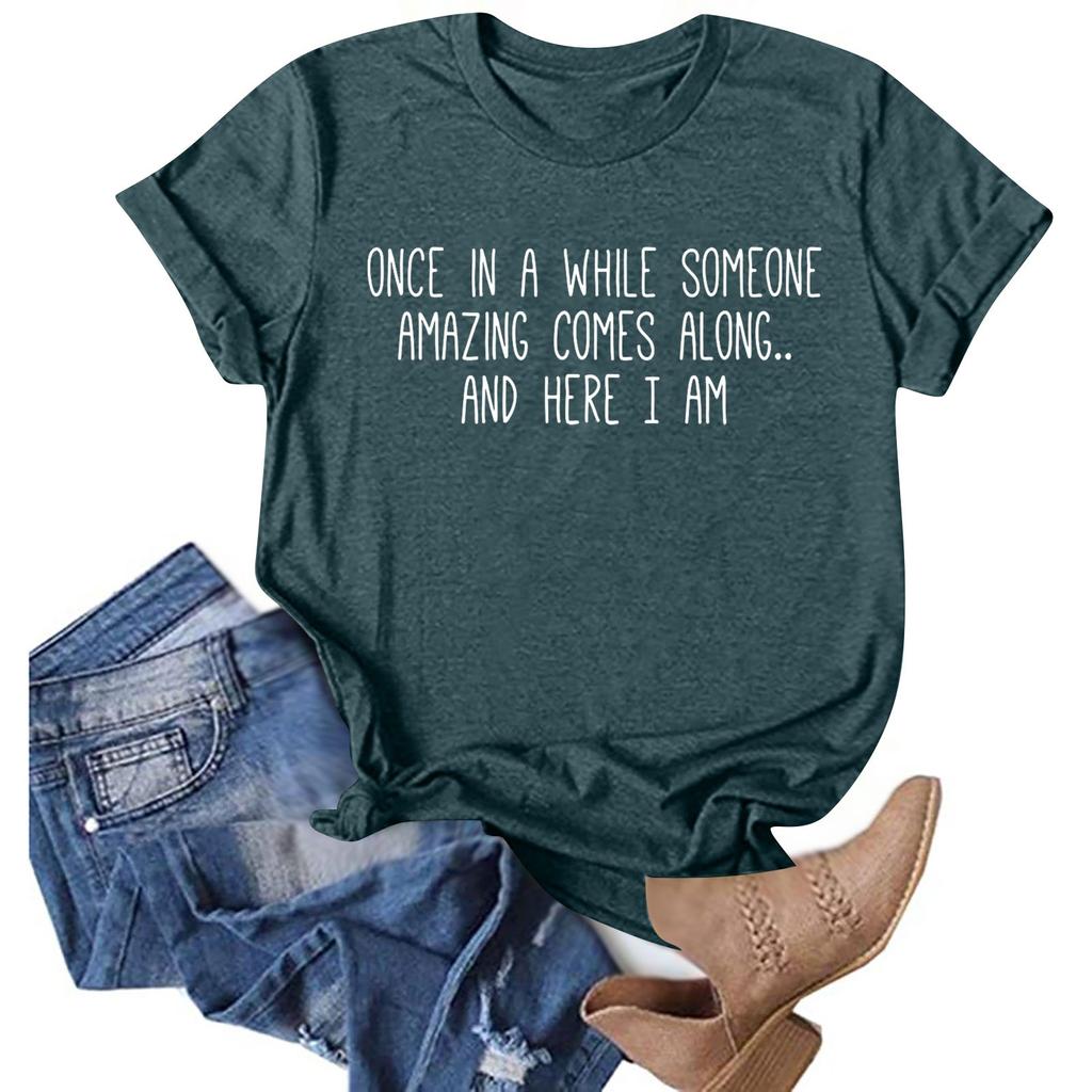 Women's Summer Casual Loose Letter Printed T-shirt Round Neck Pullover Short Sleeve