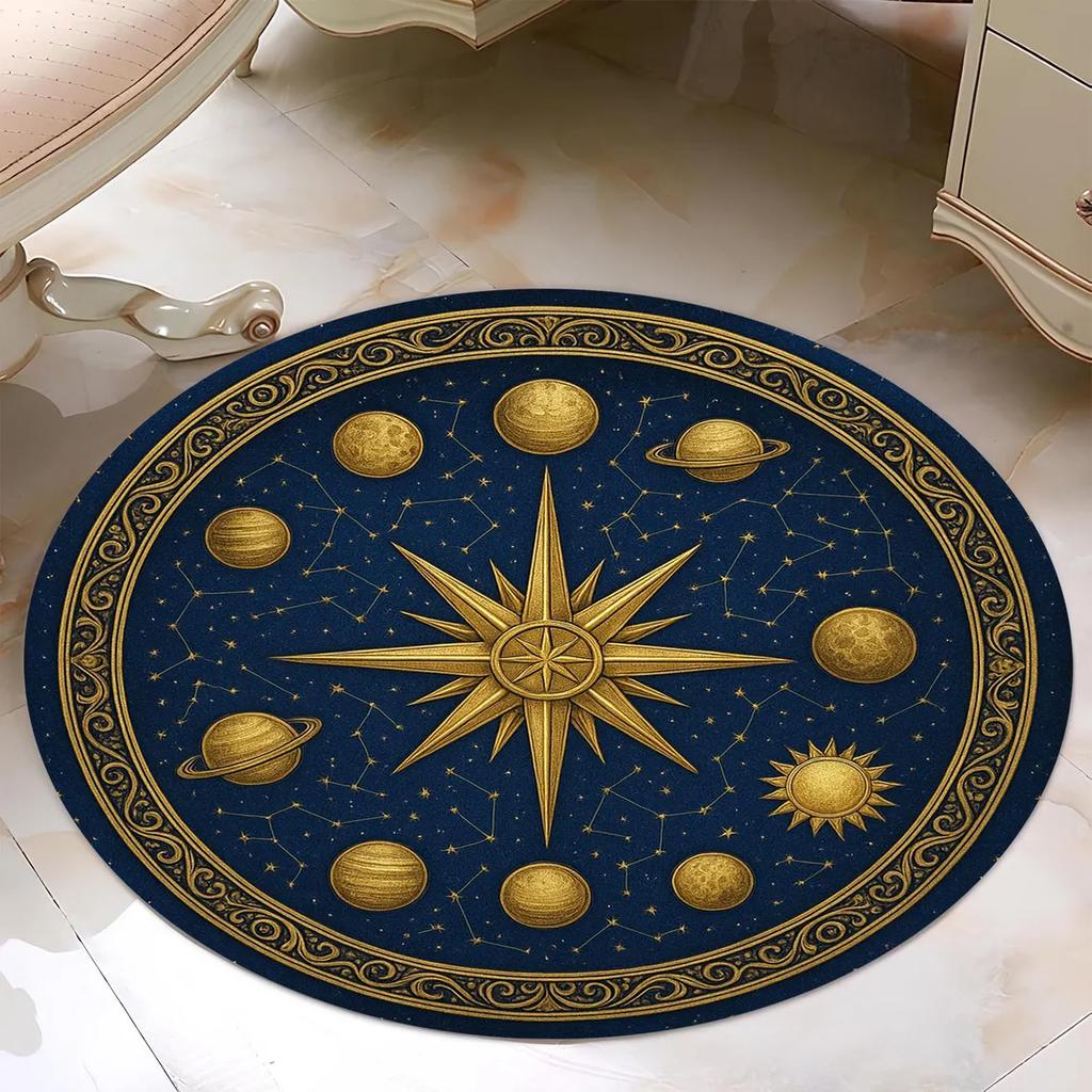 Zodiac Rug Gold Sun, Navy Star Chart, Cosmic Rug Living Room Decor Sofa Round Rug Bedroom Rug Lounge Coffee Table Floor Mat