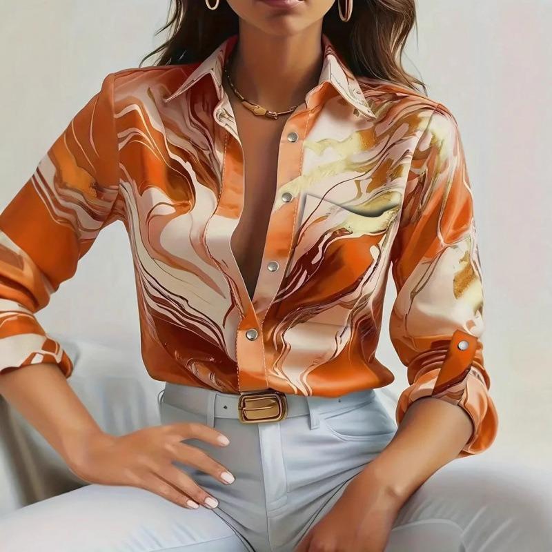 Spring Autumn Elegant Printed Office Women Shirts Loose Long Sleeve Lapel Office Blouse Fashion Simple Casual Tops Female Clothing