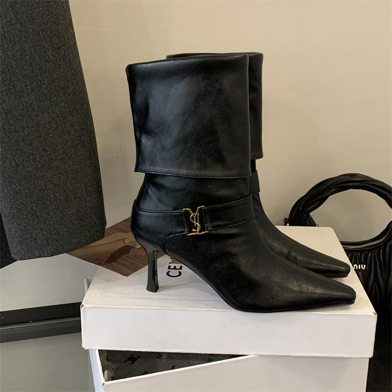 

Rich and rich, European and American fashion high-heeled short boots 2025 new royal sister wind pointed head folded medium boots temperament bare boot 39