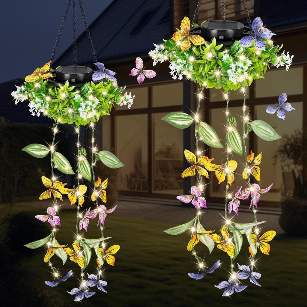 Solar-Powered Waterproof Butterfly Vine Lights: Decorative Artificial Hanging Plants for Outdoor Garden & Balcony.