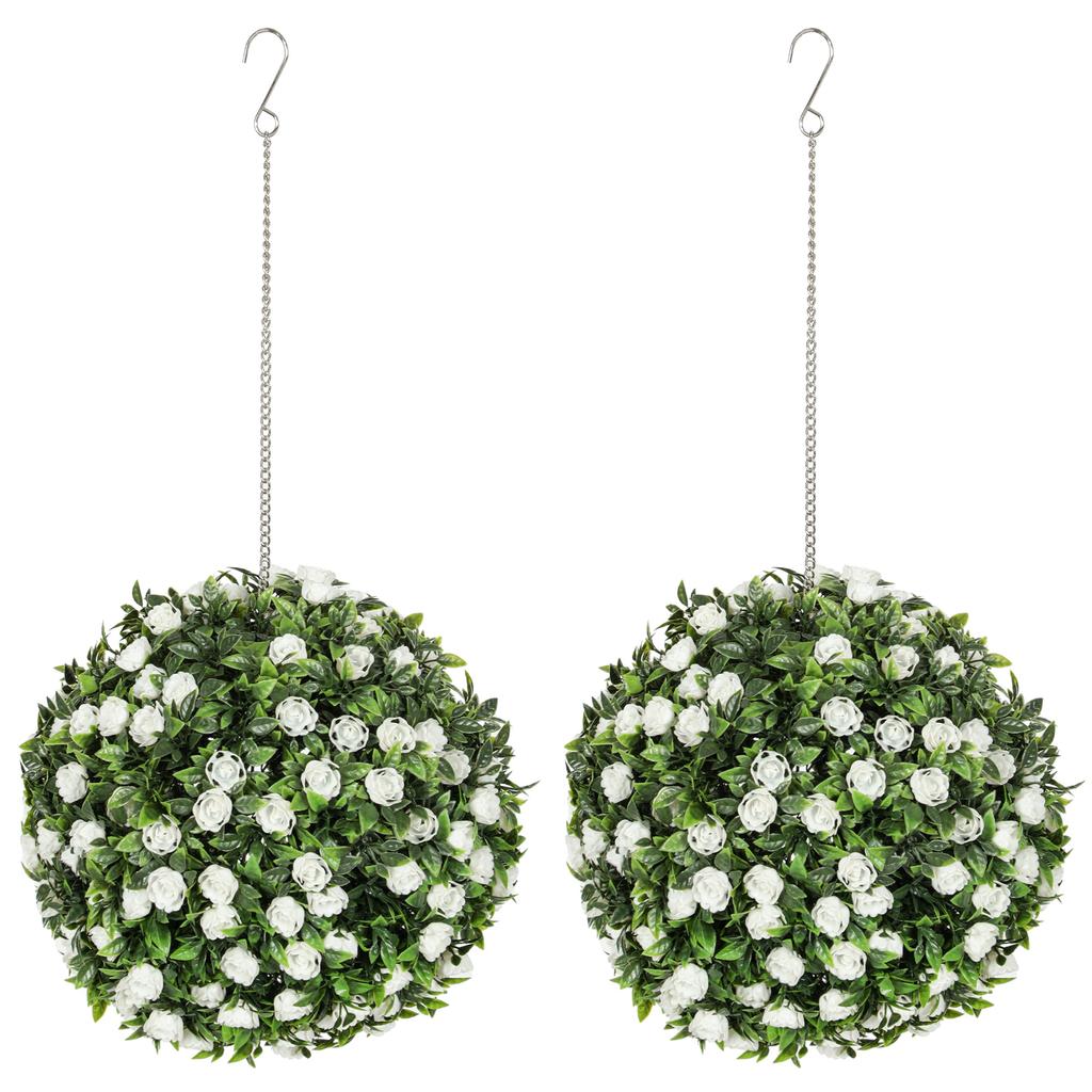 Set of 2 Decorative Artificial Plants, UV-protected Artificial Plant Topiary Rose Balls, Fake Plants for Home Indoor outdoor Decor, 28cm, White