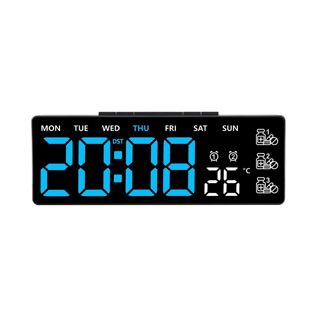 Digital Alarm Clock TEMP Date Week 3 Medication Reminders 2 Alarm 3 Levels Brightness USB Output Charging Port 12/24H LED Clock