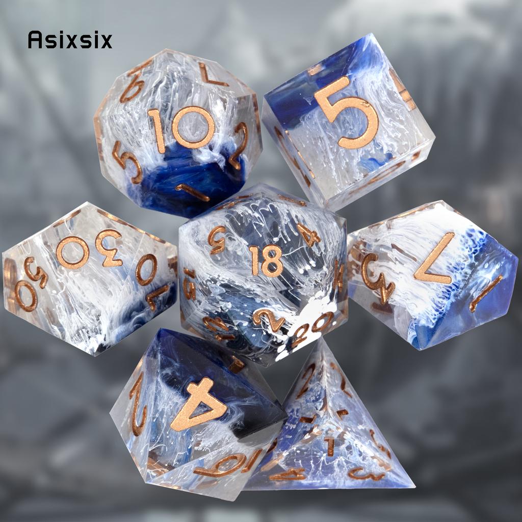 7 Pcs Blue Golden Number Sharp Edge Resin Dice Polyhedral Dice Suitable For Role-Playing Dice PropBoard Game