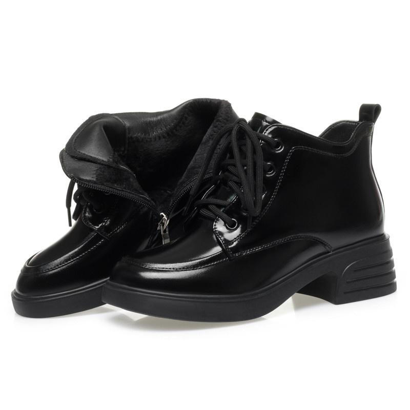 Móda Pohodlné Vintage Lakovaná kůže Plus Sametová hřejivost Platforma Boty Ženy 2024 Hranaté podpatky Kancelář Maminka Kotníkové boty