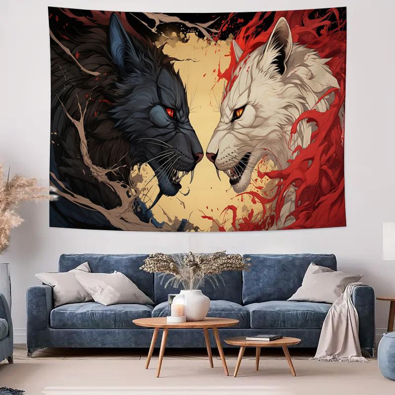 Ice and Fire Wolf Battle Tapestry  Unique Art Wall Decor