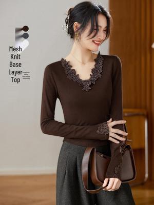 Women's V-neck Long-sleeve French Lace Cotton T-shirt - Slim Fit for Spring/Autumn 2026