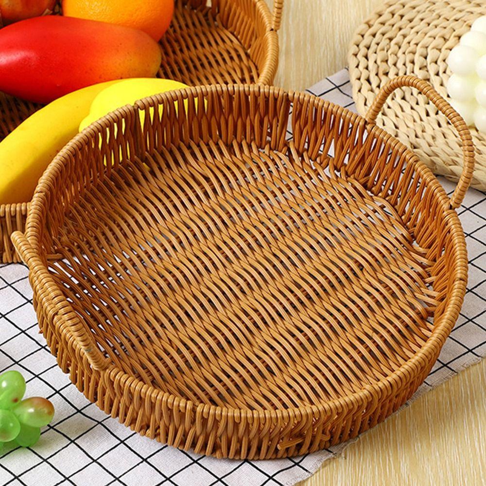 1Pcs Round Shape Storage Tray Breakfast Bread Food Plastic Rattan Threads Basket