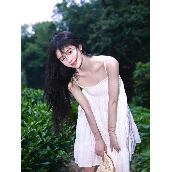 

French one-word collar white tulle short suspender dress women s summer small temperament stacked lotus leaf edge short skirt XL