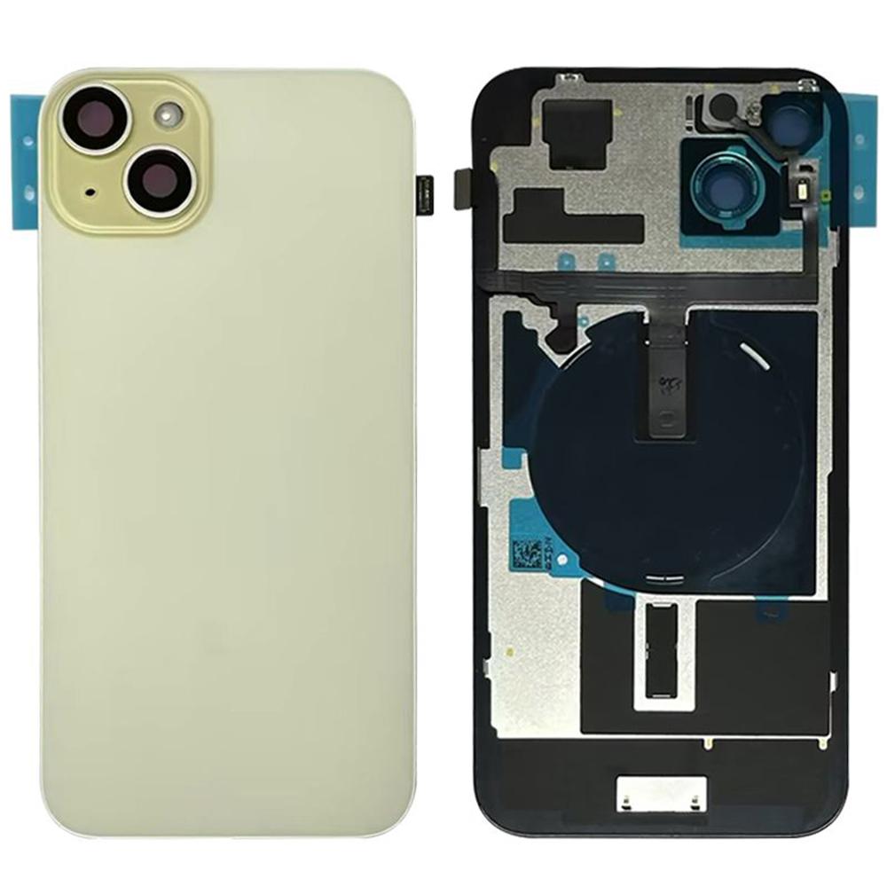 

For iPhone 15 Plus Battery Housing Cover+Camera Lens Cover+Bracket+Wireless Charging Port Cable Yellow
