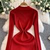 Autumn Winter Women Elegant Polo Collar Knitted Sweater Red Long Midi Pullover Dresses