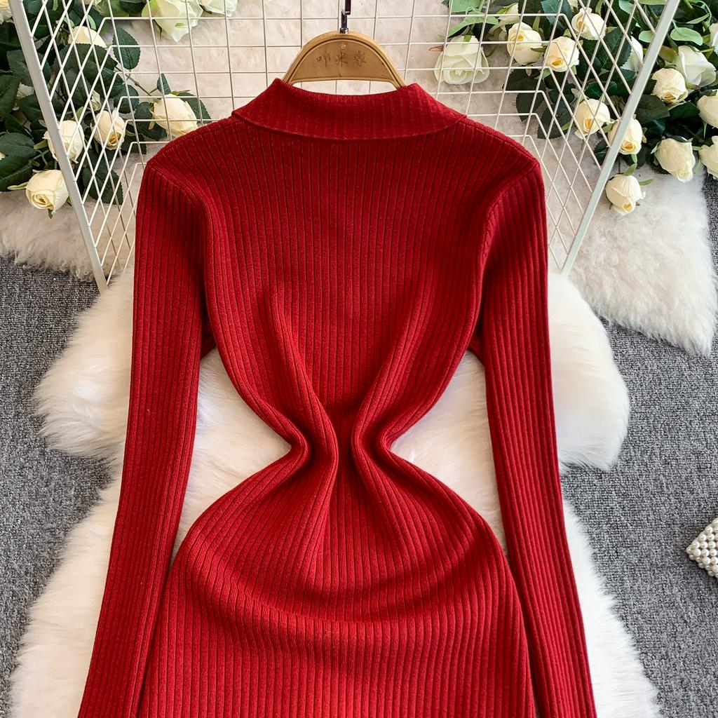 Autumn Winter Women Elegant Polo Collar Knitted Sweater Red Long Midi Pullover Dresses