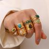 Stainless Steel Golden Plated Metal Bohemia Green Stone Ring for Women Fashion Adjustable Open Rings Jewelry Birthday Gifts