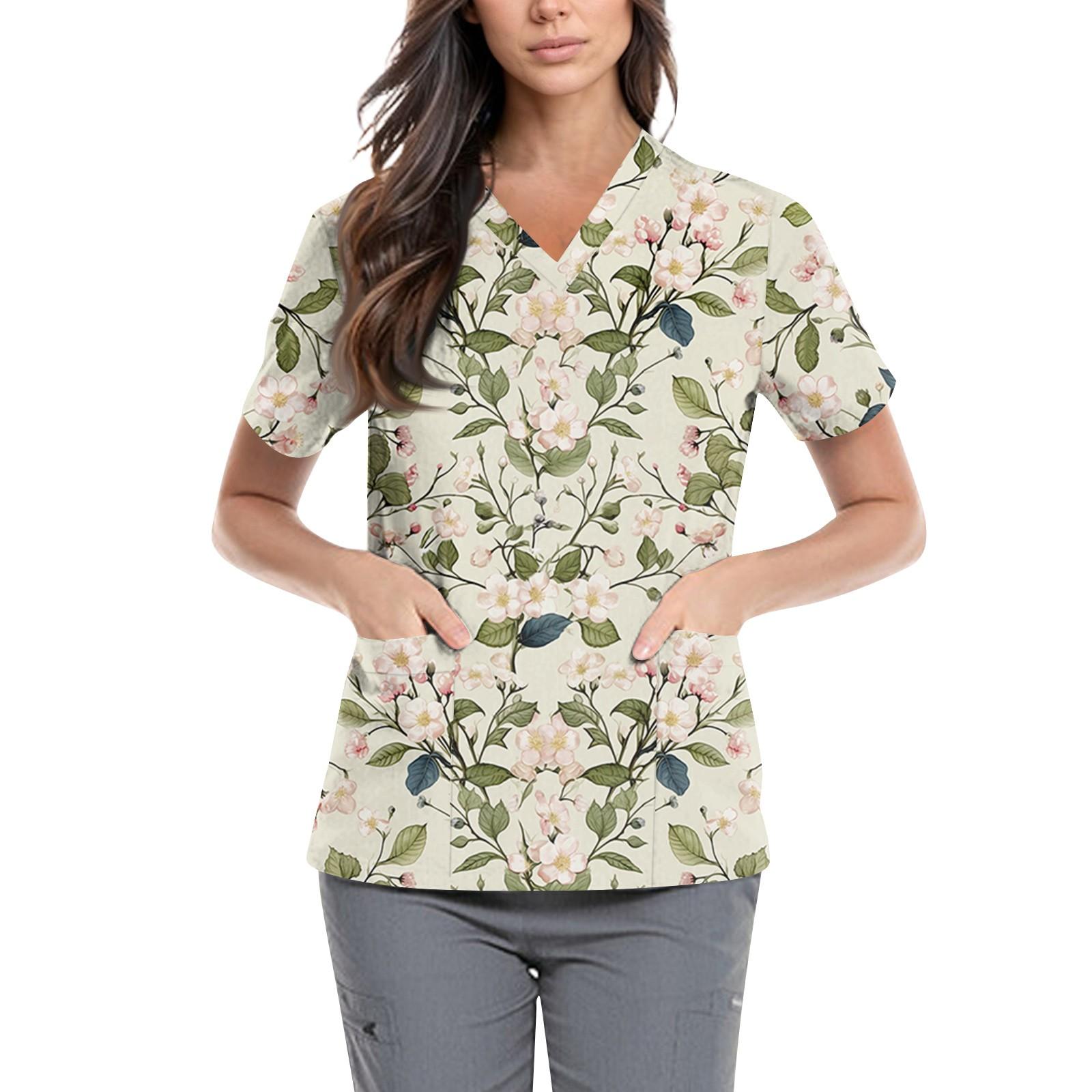 

Женская симпатичная принтованная рабочая одежда с V-образным вырезом, двухслойными карманами, базовым коротким рукавом, пуловером ко Дню святого Валентина L