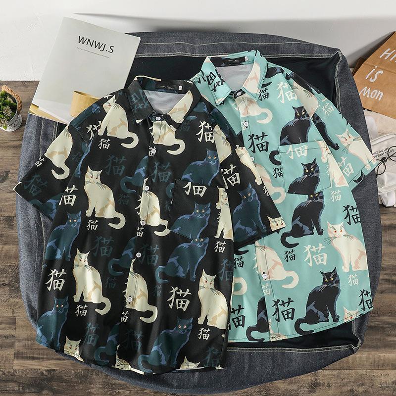 Men's Printed Retro Top Men's Summer Casual Shirt Street Style Loose Short-sleeved Lapel Shirt Trend