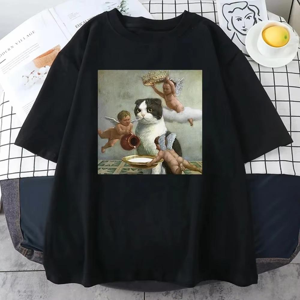 Scottish Fold Angel Crown Print Cotton Men Clothing Personality Casual Crewneck T-Shirts All-math Loose Mans Cotton Short Sleeve