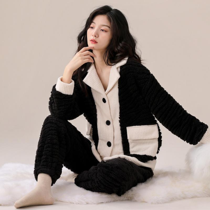 Coral Fleece Pajamas Women'S Autumn And Winter Fleece Thickened Warm Suit Winter Flannel Casual Can Be Worn Outside Loungewear