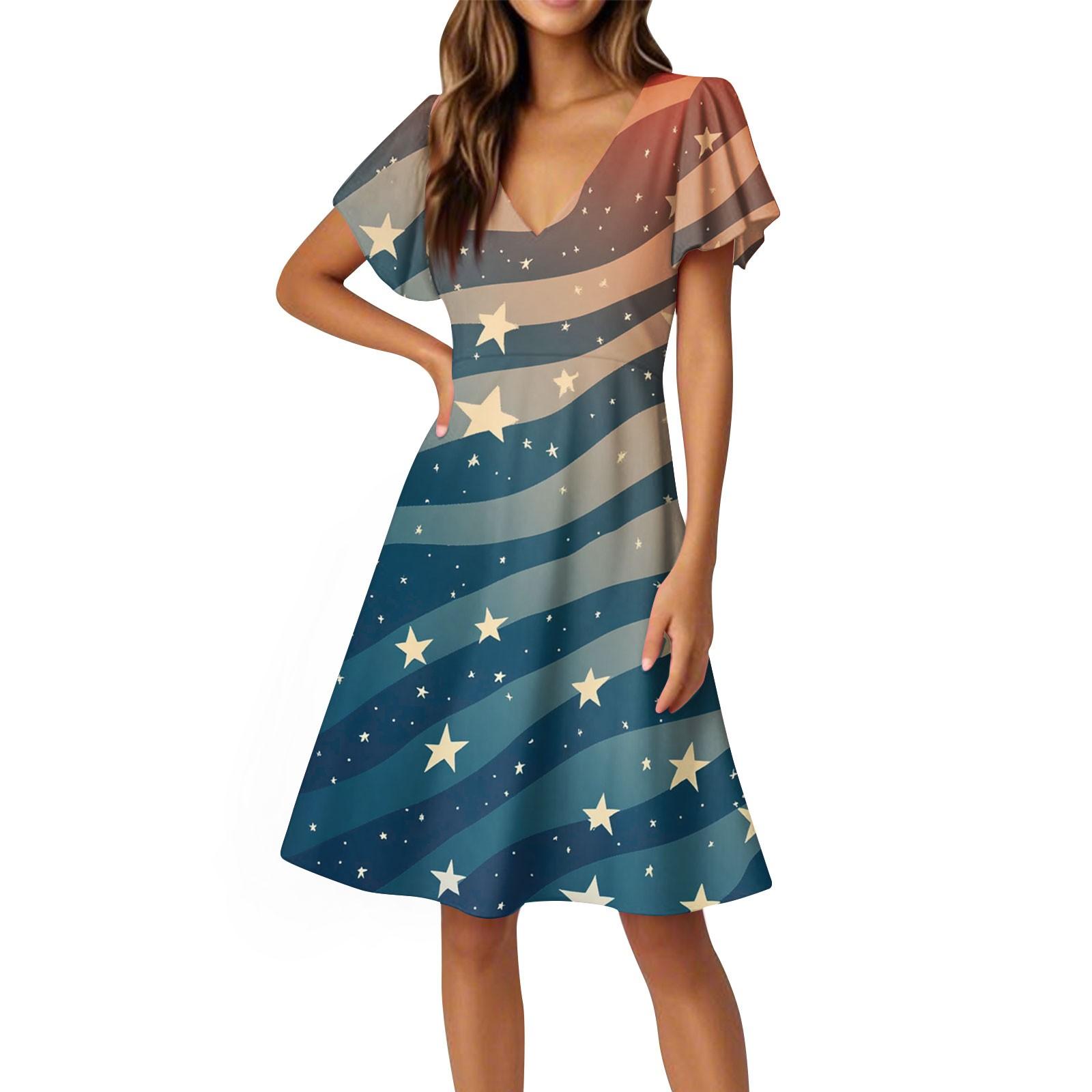 

Платья ко Дню Независимости Платья с коротким рукавом и рукавом-фонариком Повседневные платья с V-образным вырезом S тёмно-синий