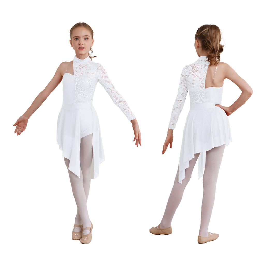 Child Girls Lyrical Dance Dress Ballroom Dancing Costumes Gymnastics Leotard with Asymmetrical Skirt for Figure Skating Dance Wear