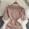 New Summer Women Lapel Knitted Sweater Solid Dress Short Sleeve Sheath Bodycon Mini Party Dresses