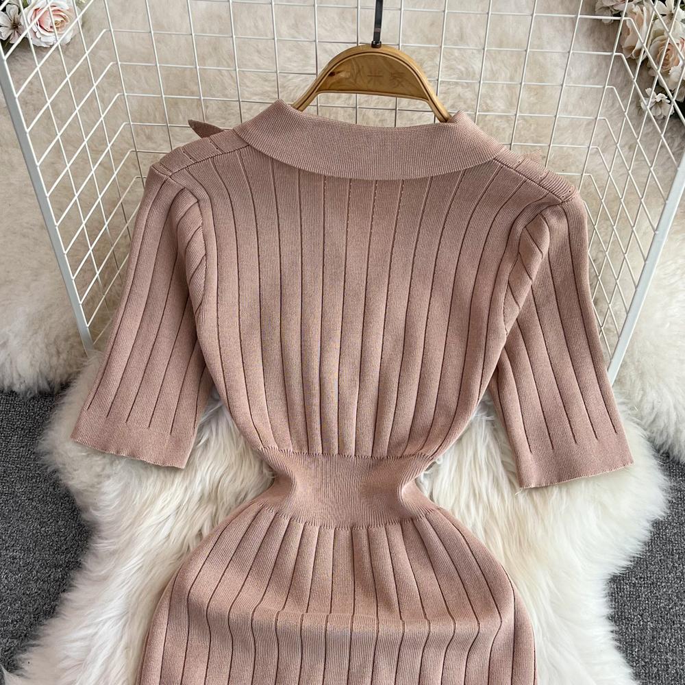 New Summer Women Lapel Knitted Sweater Solid Dress Short Sleeve Sheath Bodycon Mini Party Dresses