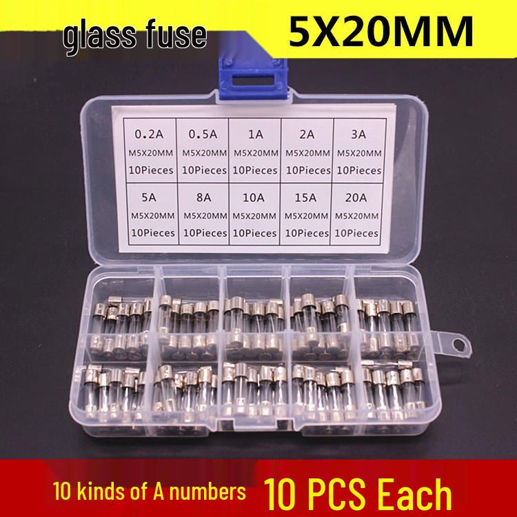 100-Piece Box of 5x20mm Glass Fuses, 0.2A-20A