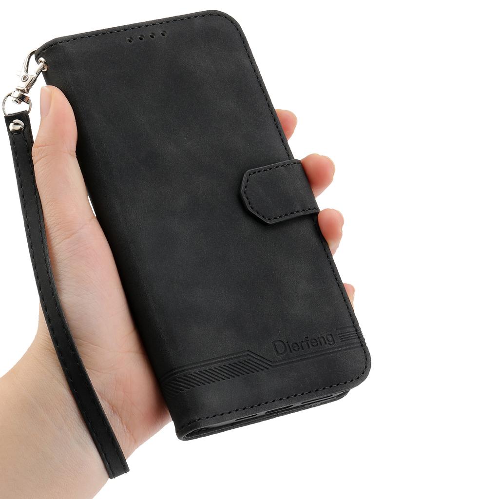DIERFENG DF-03 For Oppo Reno14 Pro 5G (Global) Case Lines Imprint Wallet Leather Phone Cover with Wrist Strap