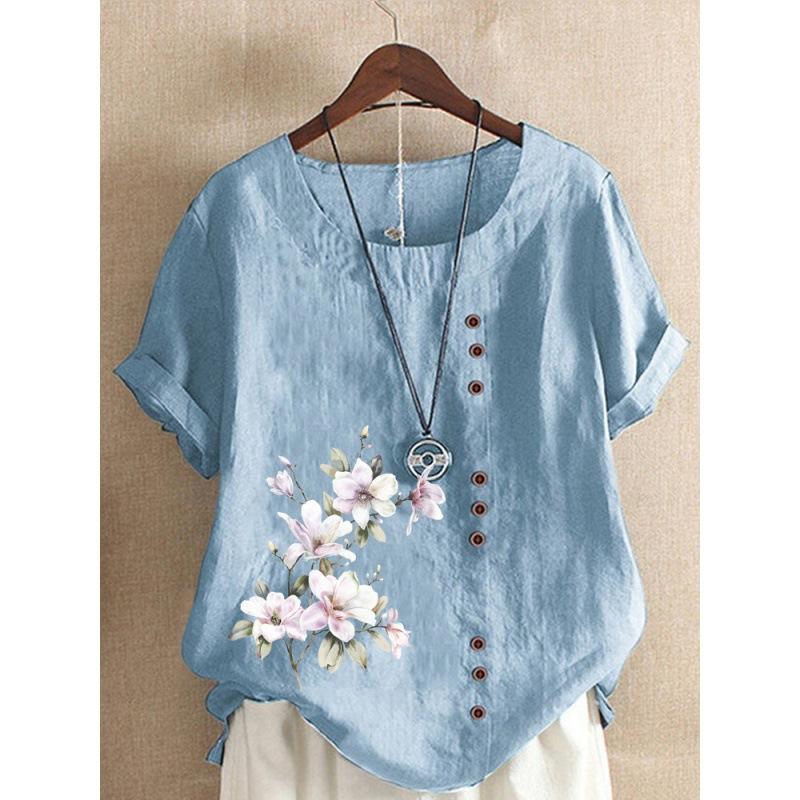 Autumn Vintage Cotton and Linen Printed Loose Casual Shirt with Short Sleeves for Women