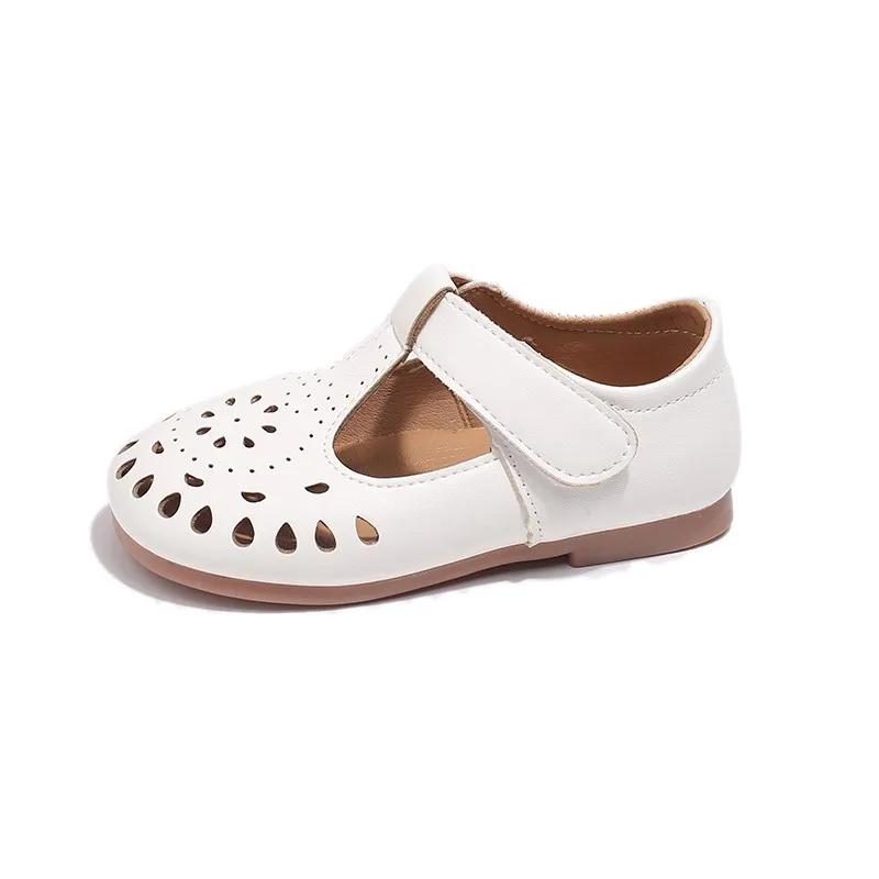 Girls Leather Shoes Hollow Cut-outs Princess Sweet Soft Kids Casual Shoes Spring Summer T-strap Children Flats for Wedding