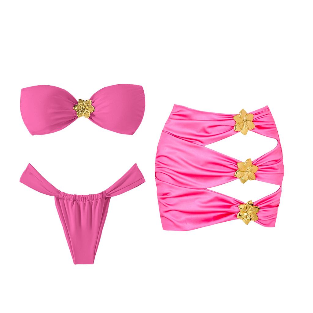 3 Piece Bandage Bikini Swimsuit With Beach Skirt 3D Flower Swimwear Swimsuits Bathing Suits Sarongs Print Beachwear Biquini
