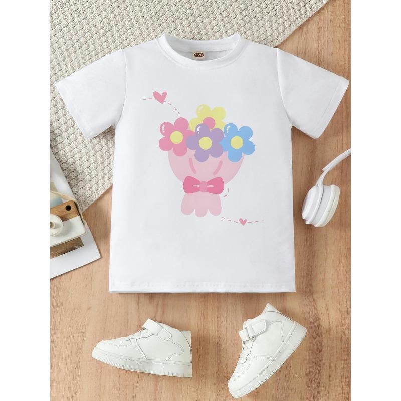 European sizes Adorable Floral-Patterned Cartoon T-Shirt with Short Sleeves And a Round Neckline for Girls, Ideal for Wearing in Spring And Summer