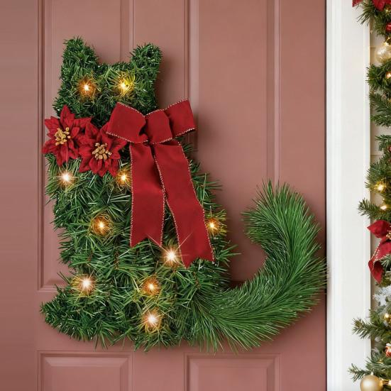 Lighted Cat Wreath for Front Door Artificial Greenery Wreath with Poinsettia And Red Bow Christmas Animal Shaped Swag