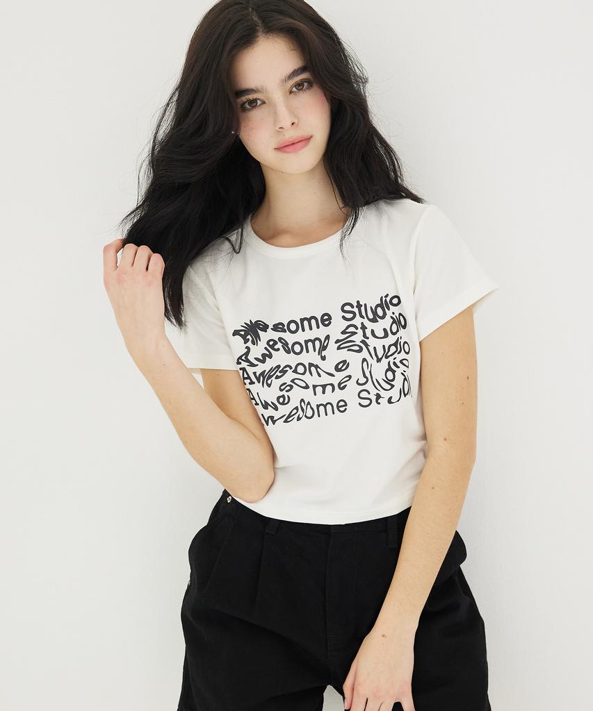 AWESOME STUDIO Wave Lettering Crop Slim Short Sleeve T-Shirt Ivory