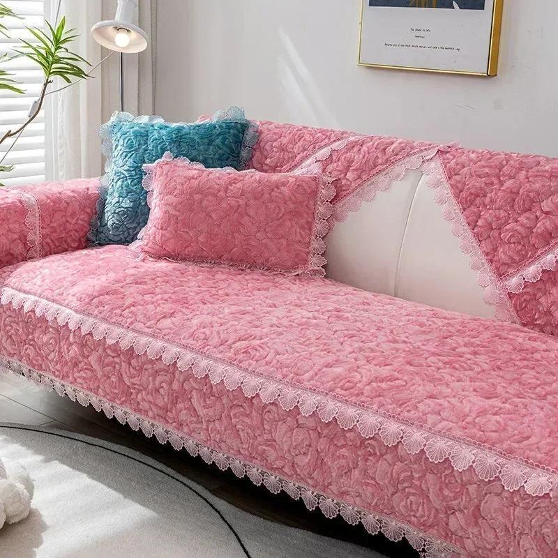 Winter Rose Sofa Towel  Thick Warm  Mat New Modern Minimalist Anti Slip Plush Seat Cushion Set Backrest Cover Cloth