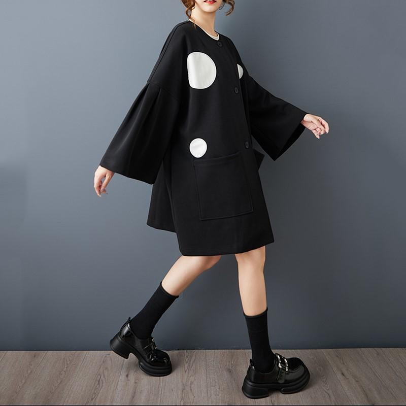 Long Sleeve Oversized Black Cotton Vintage Dot Casual Loose Autumn Spring Trench Coat for Women Outerwear