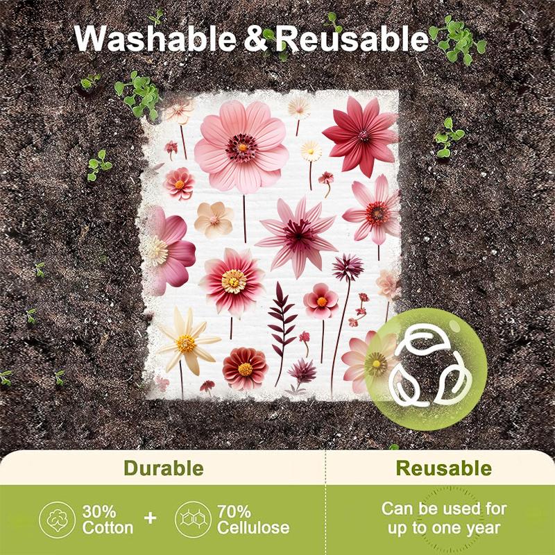 6PCS Red Flowers Print Swedish Dishcloths Eco-Friendly Kitchen Dish Rags Absorbent Dish Towels Reusable Washable Cleaning Cloth