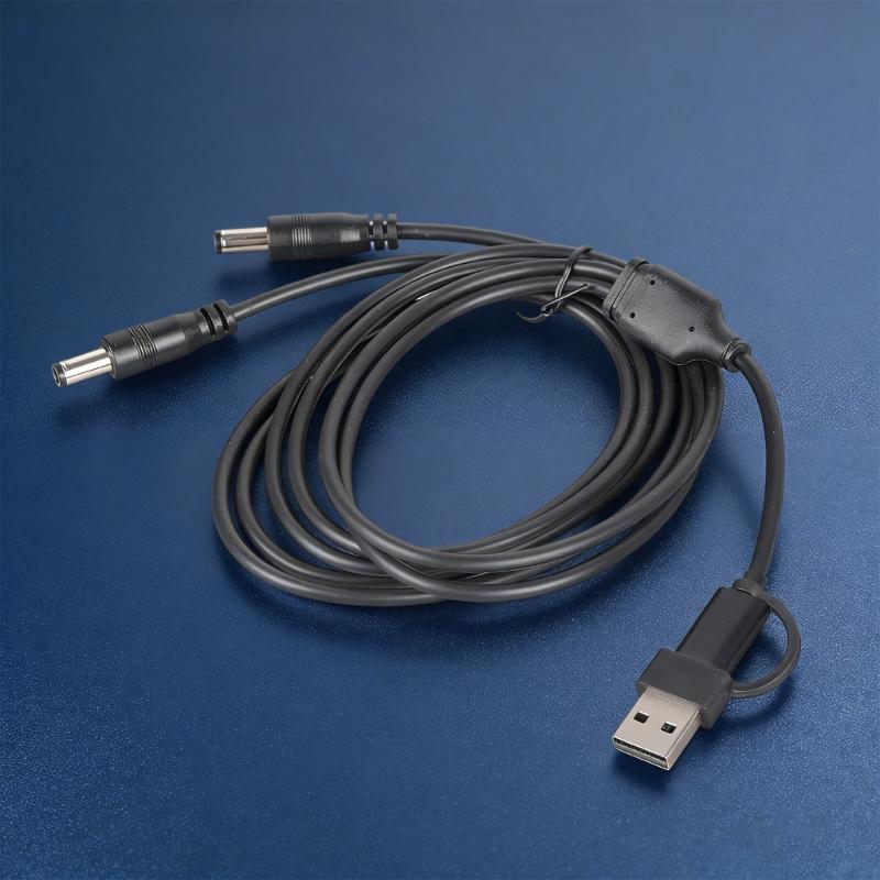 Double Output 5.5x2.5mm Charging Cable With USB A And Type C Connectors Input Support 5V 3A 1M Length Black