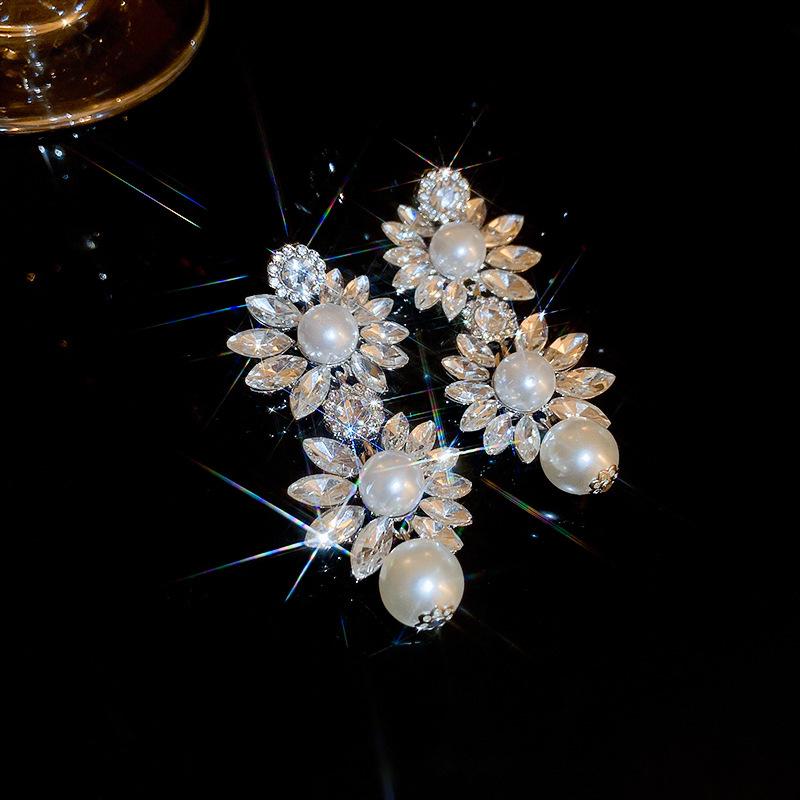 2025 Light Luxury Silver Needle Diamond Flower Tassel Earrings - Elegant European & American Style for Women