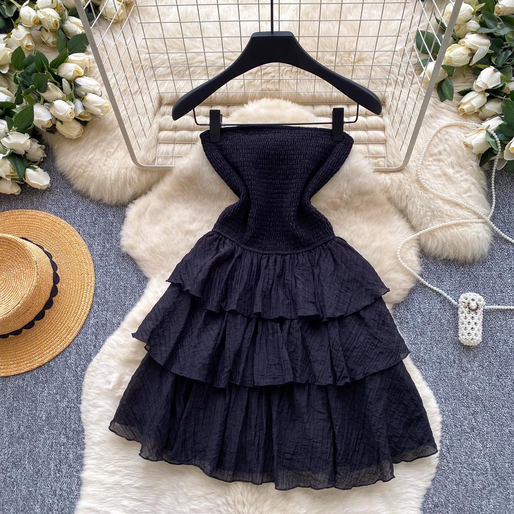 French Sweet Wind Tube Top Sleeveless Dress Women's Summer Yellow Ruffle Leaf Edge Cake Dress Thin Temperament Small Man
