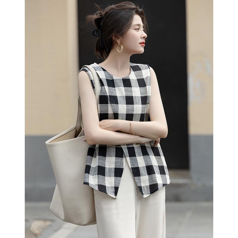 Demana Women's Retro Plaid Sleeveless Cotton Shirt