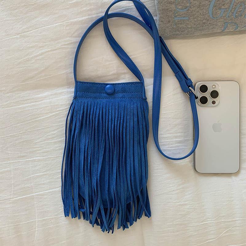 

Нишевая ретро сумка для мобильного телефона с бахромой женская 2025 новая замшевая модная сумка-мессенджер для выхода в свет повседневная на плечо синий